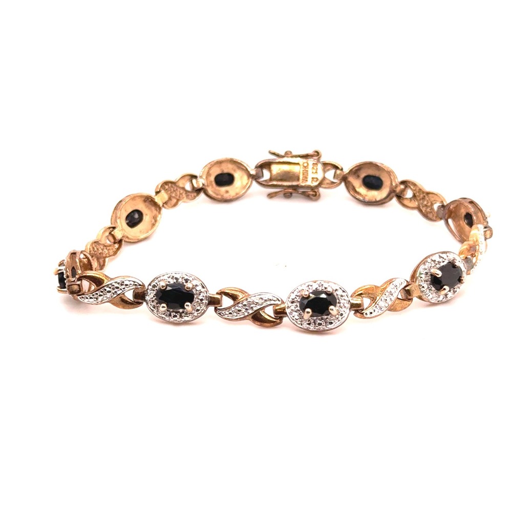 Sterling Silver 925 Gold Vermeil Dark Blue Stone Halo Tennis Bracelet 7.5" 12g